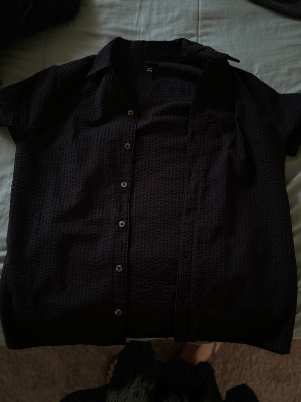 Black Textured Button-Up Short Sleeve Shirt | Size [Size XL in boys]